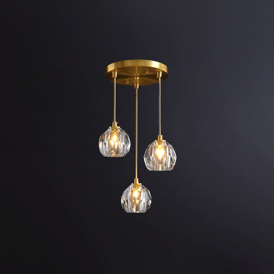 Gold Crystal Pendant Light - Postmodern Shaded Suspension 3 Heads Dining Room / Round
