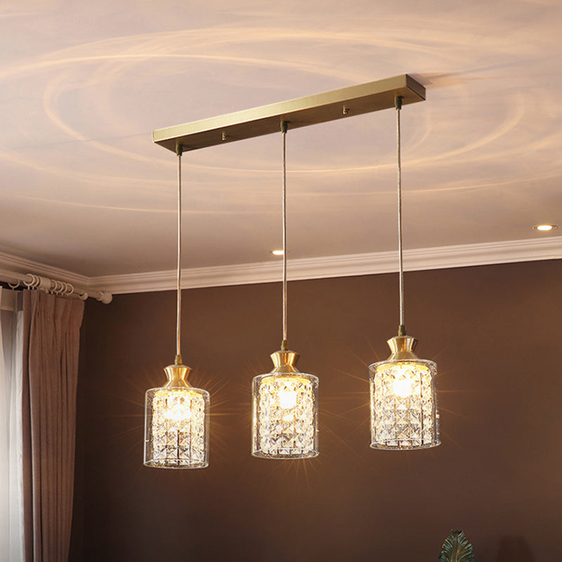 Gold Crystal Pendant Light - Postmodern Shaded Suspension 3 Heads Dining Room / Cylinder