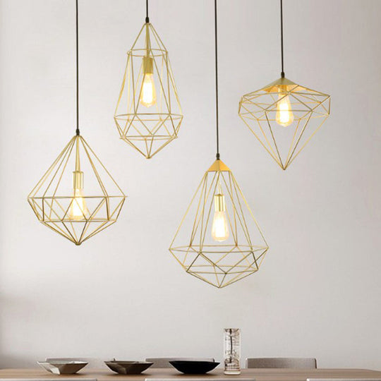 Loft Style Iron Wire Cage Pendant Lamp - Dining Room Suspension Light Fixture Gold / Geometric