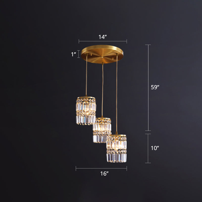 Minimalist Gold Pendant Light Fixture: Crystal Cylindrical Multi-Light 3-Light Hanging Design For