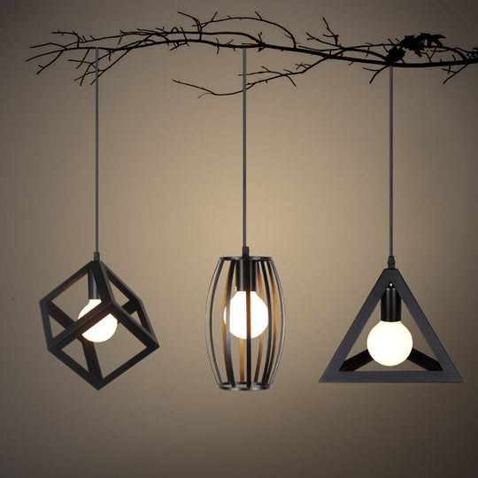 Industrial Iron Geometric Cage Hanging Ceiling Light - Black Suspension Lamp For Restaurants