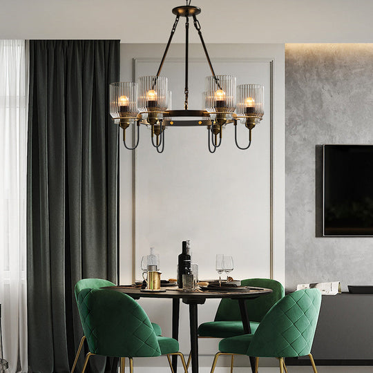 Vintage Black Glass Ribbed Chandelier - Cylindrical Suspension Lamp For Dining Room