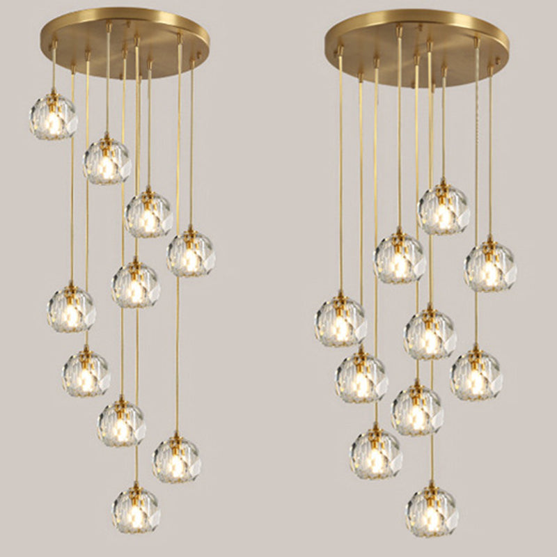Simplicity Brass Finish Multi Pendant Ceiling Light With Beveled K9 Crystal Suspension