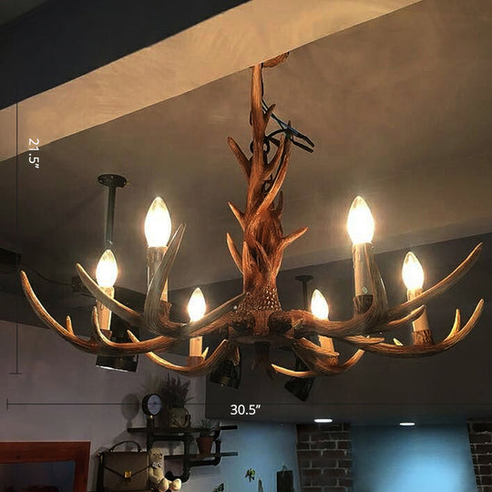 Antler Chandelier: Resin Countryside Living Room Lighting 6 / Wood
