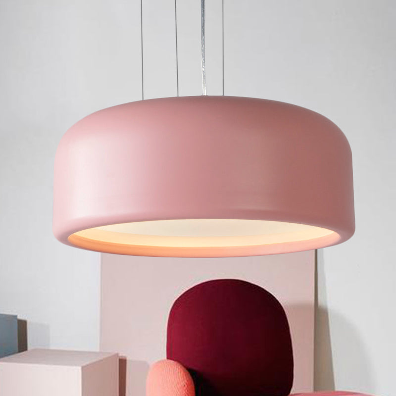 Modernist Metal Drum Pendant In Pink/Blue/Green - 1 Light Bedroom Hanging Kit 14/19/23.5 Wide