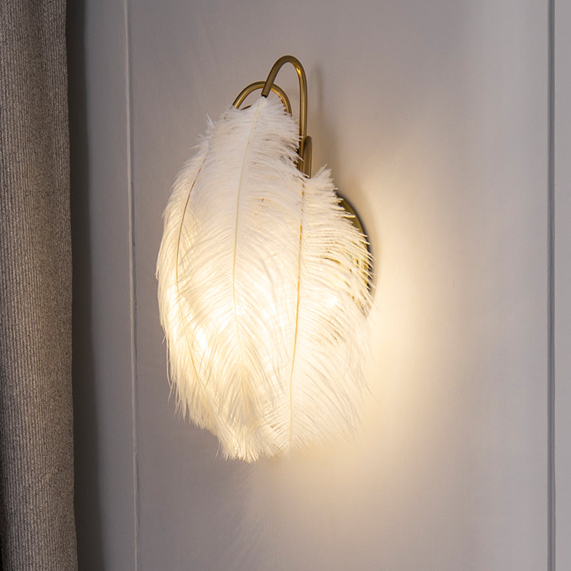 Modern Metal Wall Sconce With Feather Shade - Bedroom Lighting (2 Lights)