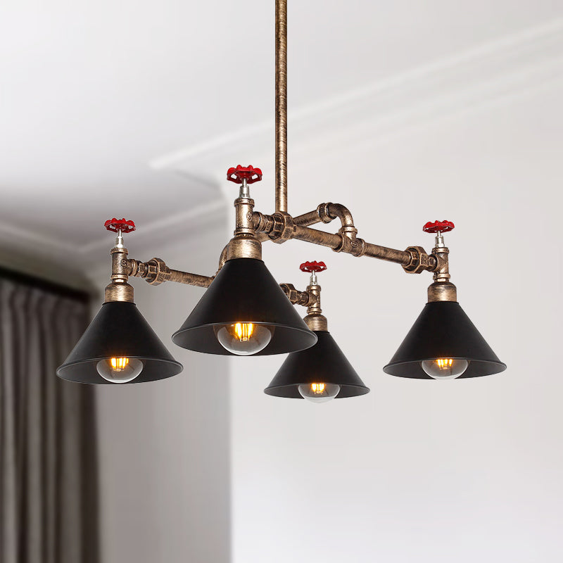 Vintage Metal Pendant Lighting - Stylish Cone Shade Chandelier Fixture With Red Valve (4/6 Lights)