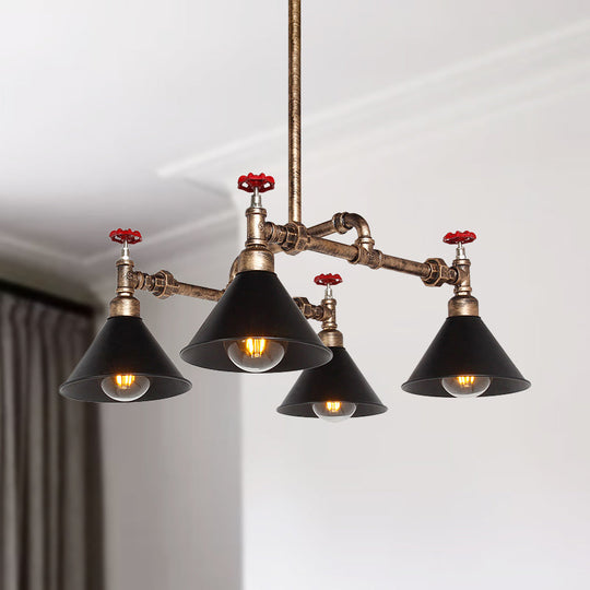 Vintage Metal Pendant Lighting - Stylish Cone Shade Chandelier Fixture With Red Valve (4/6 Lights)