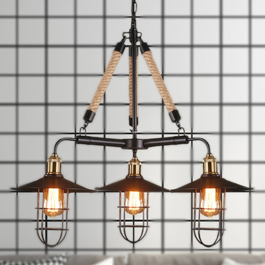 Nautical Flared Chandelier: 3-Head Metal Ceiling Light With Rope - Black Restaurant Fixture