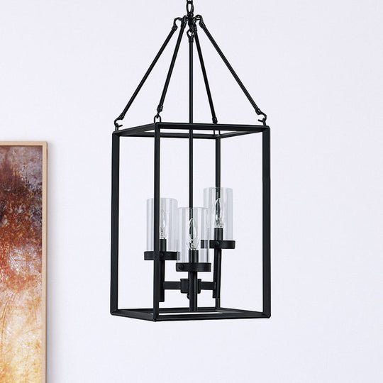 Vintage Black Metal Frame Pendant Chandelier With Clear Glass Candle Lights - 3-Light Ceiling