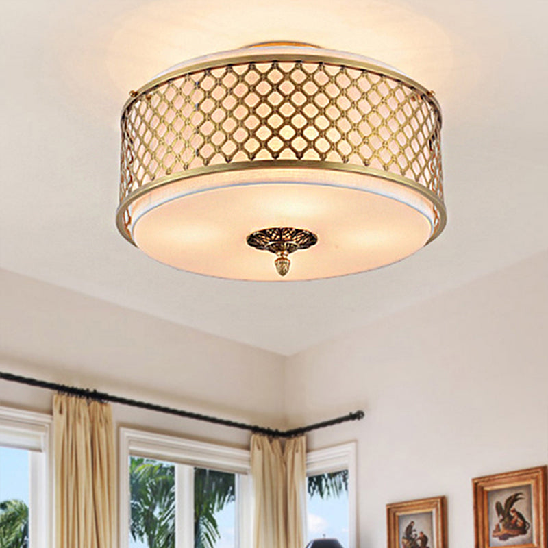 Classic Drum Metal Flush Mount Lamp Brass Finish 4/5 Lights 16/19.5 Wide Living Room Ceiling