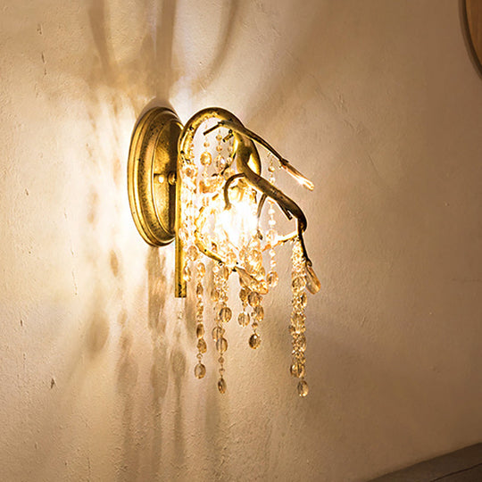 Vintage Metal Wall Mount Sconce Light With Amber Crystal Bead Accent - Brass Finish 1 Bulb