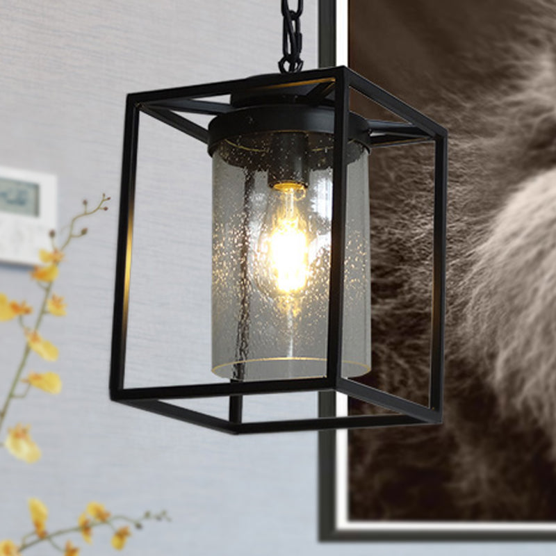 Industrial Seeded Glass Pendant With Black Cage For Indoor Lighting