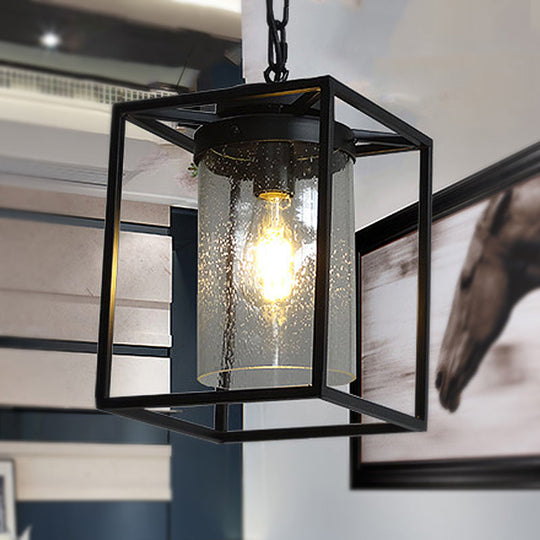 Industrial Black Pendant Light With Seeded Glass Cylinder For Indoor Spaces - Includes Cage