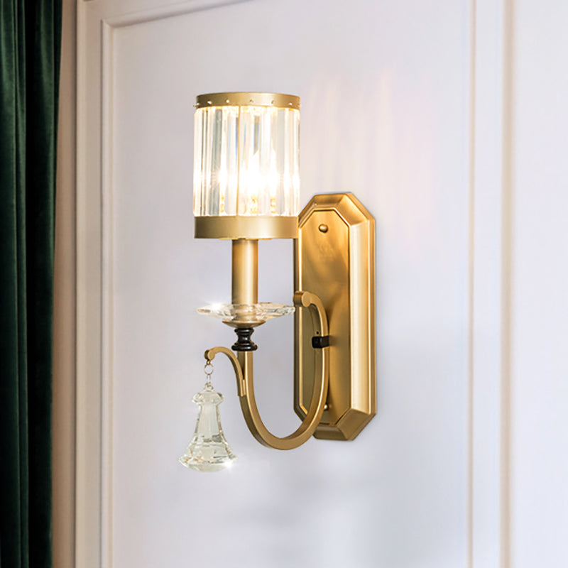 Modern Prismatic Crystal Cylinder Sconce Light - Elegant Brass Wall Mount For Living Room