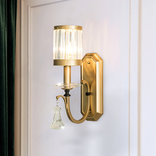 Modern Prismatic Crystal Cylinder Sconce Light - Elegant Brass Wall Mount For Living Room