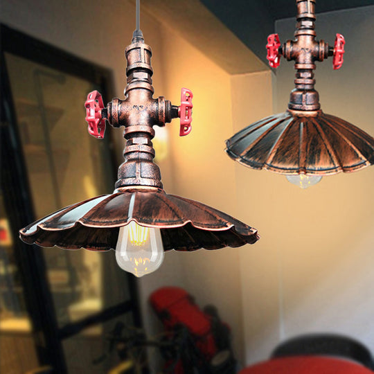 1 Light Rustic Scalloped Edge Ceiling Pendant In Brass/Weathered Copper With Pipe & Valve