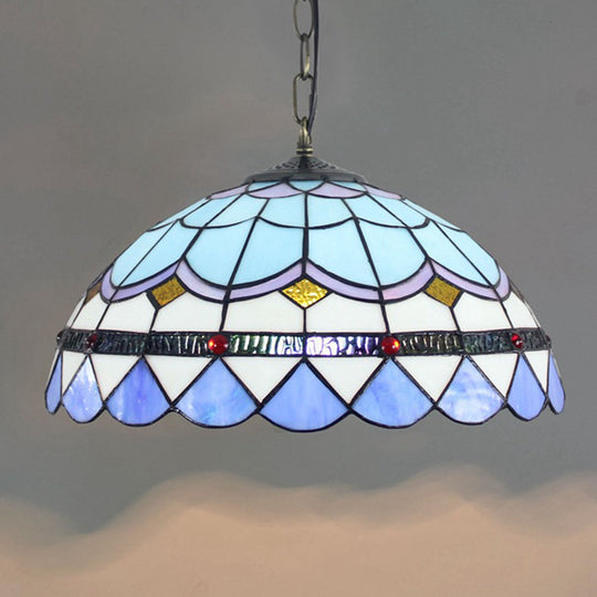 Blue Tiffany Glass Dome Hanging Lamp - 16’ Wide 1 Light