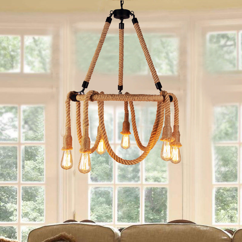 Adjustable Industrial Rope Chandelier - 6 Lights Beige Ceiling Fixture