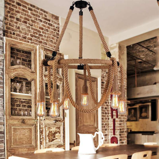 Adjustable Industrial Rope Chandelier - 6 Lights Beige Ceiling Fixture