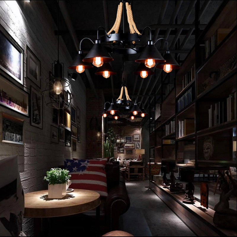 Black Industrial Art Chandelier Light With Rope And Cone Metal Shade