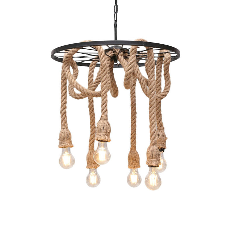 Retro Industrial Black Metal Wagon Wheel Chandelier With Rope Suspension - Restaurant Lighting