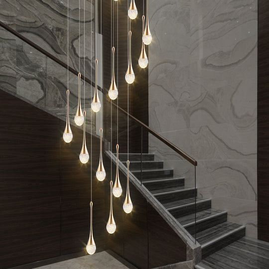 Modern Brass Crystal Hanging Led Pendant Lights - Long Cone Cascade Design For Stairwell