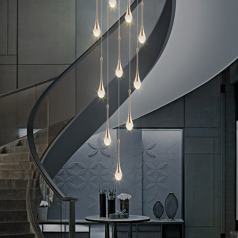 Modern Brass Crystal Hanging Led Pendant Lights - Long Cone Cascade Design For Stairwell