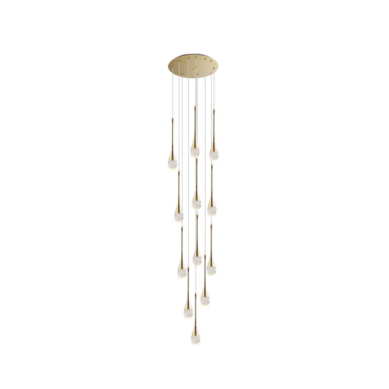 Modern Brass Crystal Hanging Led Pendant Lights - Long Cone Cascade Design For Stairwell