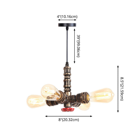 Rust Finish Water Pipe Chandelier - Industrial 4-Light Fixture With Edison Bulbs For Bar Cafe Shop