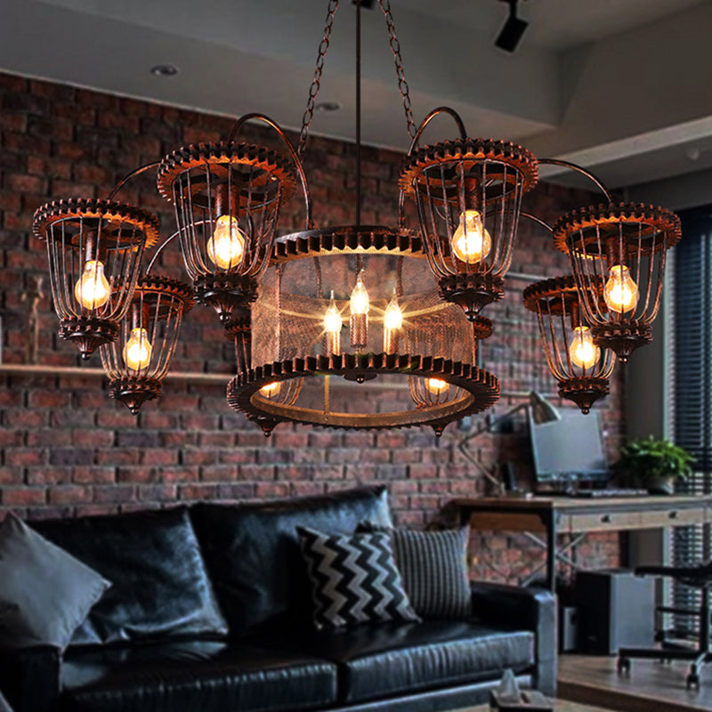 Large Cage Chandelier: Industrial Style Pendant Light Fixture In Wrought Iron With Rust Finish