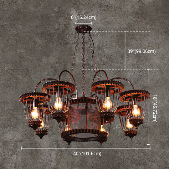 Large Cage Chandelier: Industrial Style Pendant Light Fixture In Wrought Iron With Rust Finish