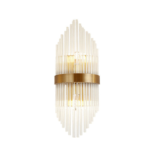 Postmodern Crystal Rod Shield Wall Mount Sconce Light For Living Room - Gold Finish 2/3 Heads