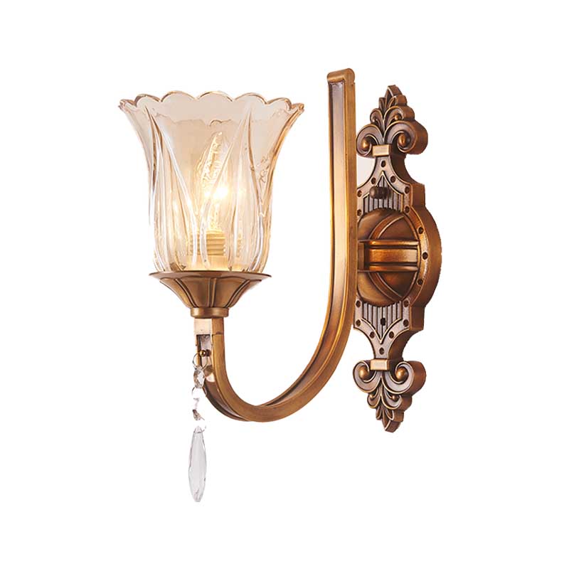 Vintage Cognac Glass Flower Wall Light With Brass Sconce Crystal Drop - 1/2 Heads