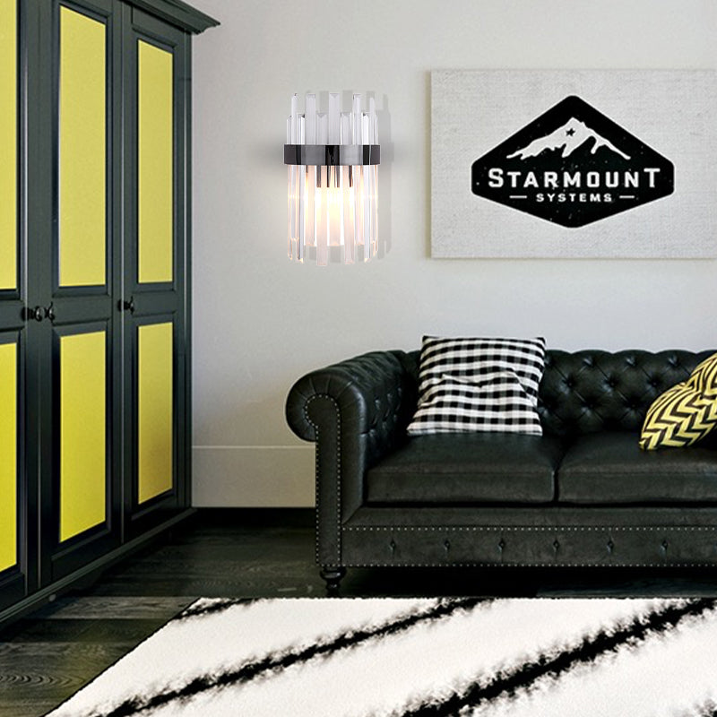 Postmodern Black/Gold Sconce Light Fixture With Crystal Rod Shade - 2 Heads Bedroom Wall