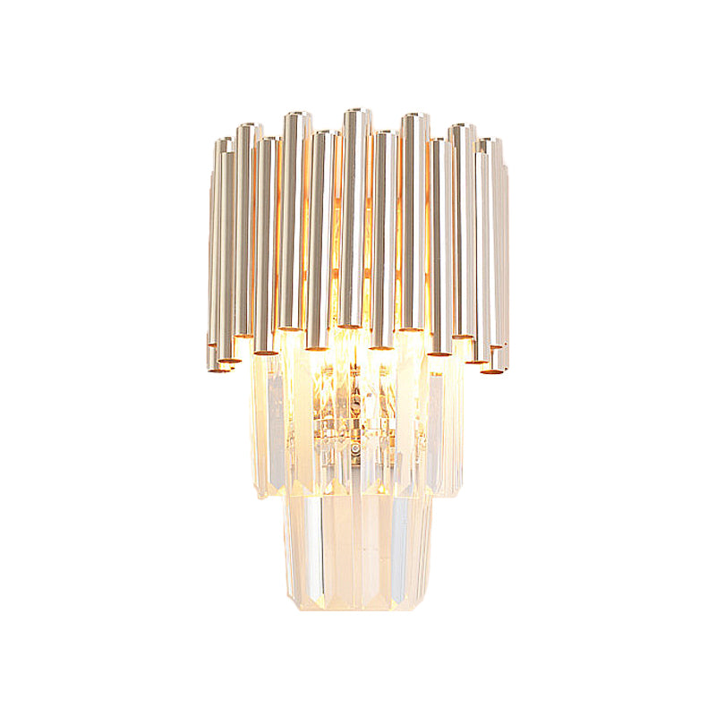 Modern Crystal Block Gold Sconce Light With 4 Tiered Wall-Mounted Heads For Bedroom
