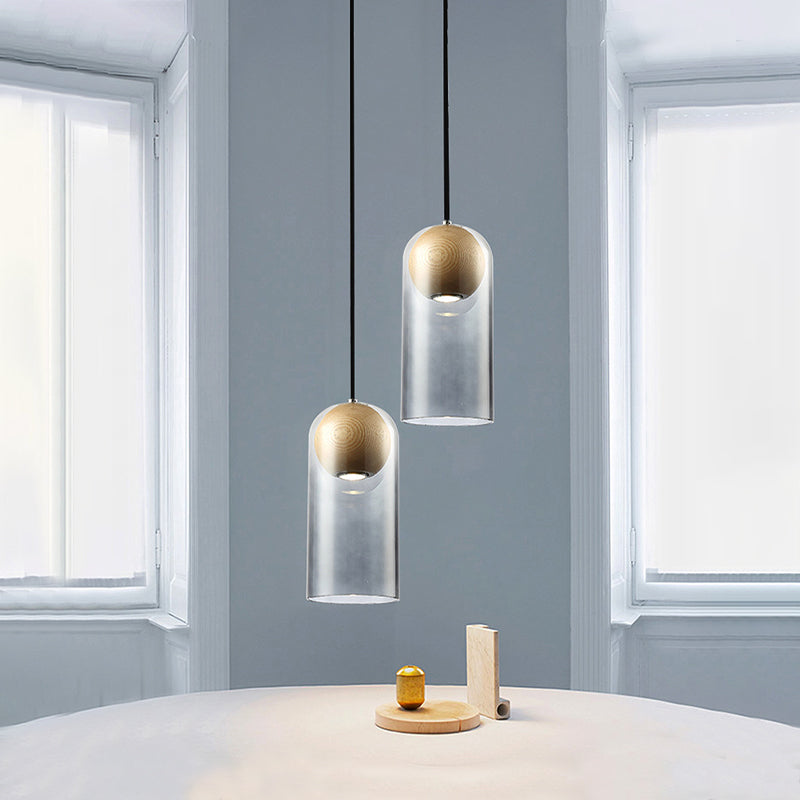 Modern Smoke Gray Glass Cylinder Pendant Light Fixture With Globe Wood Shade - Perfect For Dining