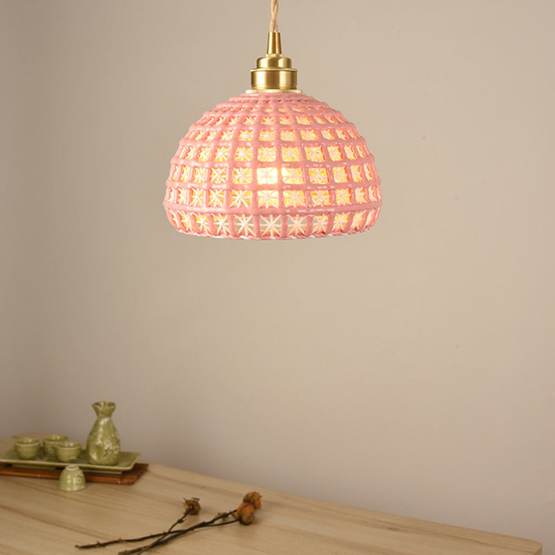 Vintage Ceramic Dome Lamp With Hollow Out Design - Blue/Pink Suspended Light
