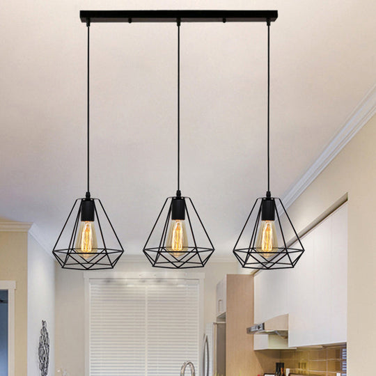 Industrial Metal Diamond Cage Pendant Light - Set Of 3 Multi Hanging Lights For Restaurants