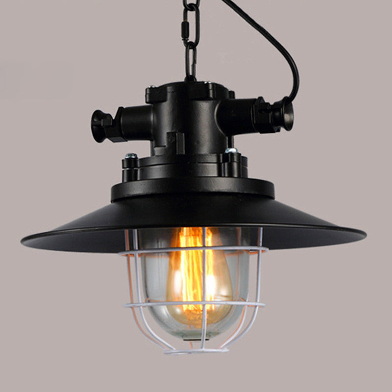 Retro Industrial Metal Hanging Light Kit - 1 Caged Pendant With Chain Perfect For Restaurants