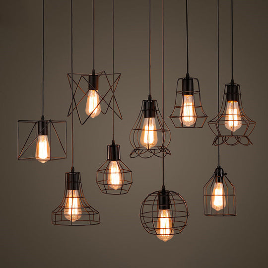 Retro Industrial Metal Cage Pendant Light Fixture - 1-Light Ceiling Hanging For Restaurants