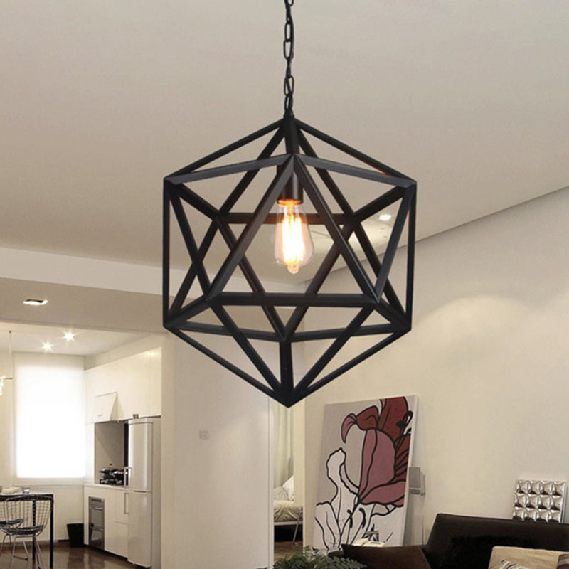 1-Light Retro Industrial Pendant Ceiling Light With Prism Cage And Metallic Finish