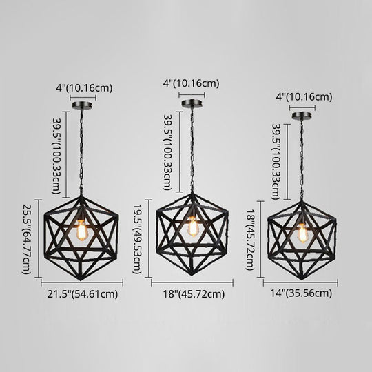 1-Light Retro Industrial Pendant Ceiling Light With Prism Cage And Metallic Finish