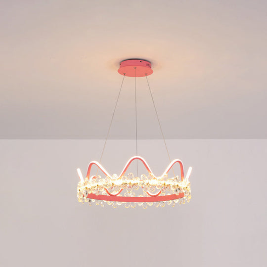 Nordic Style Crystal Pendant Light With 1 Suspended Crown For Living Room Pink / 25 Warm