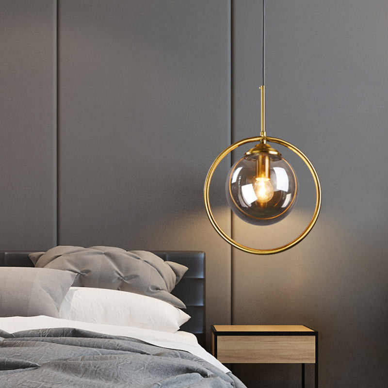 Mid-Century Design Hanging Lamp With Glass Shade And Metal Ring - Perfect For Bedroom