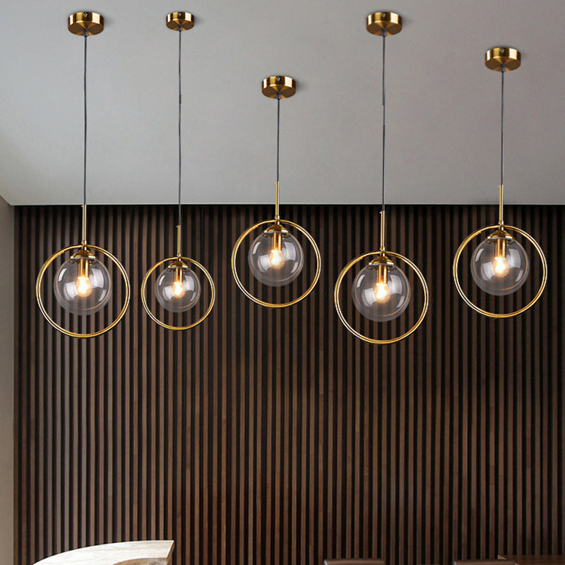 Mid-Century Globe Hanging Lamp With Glass Shade & Metal Ring - Perfect For Bedrooms