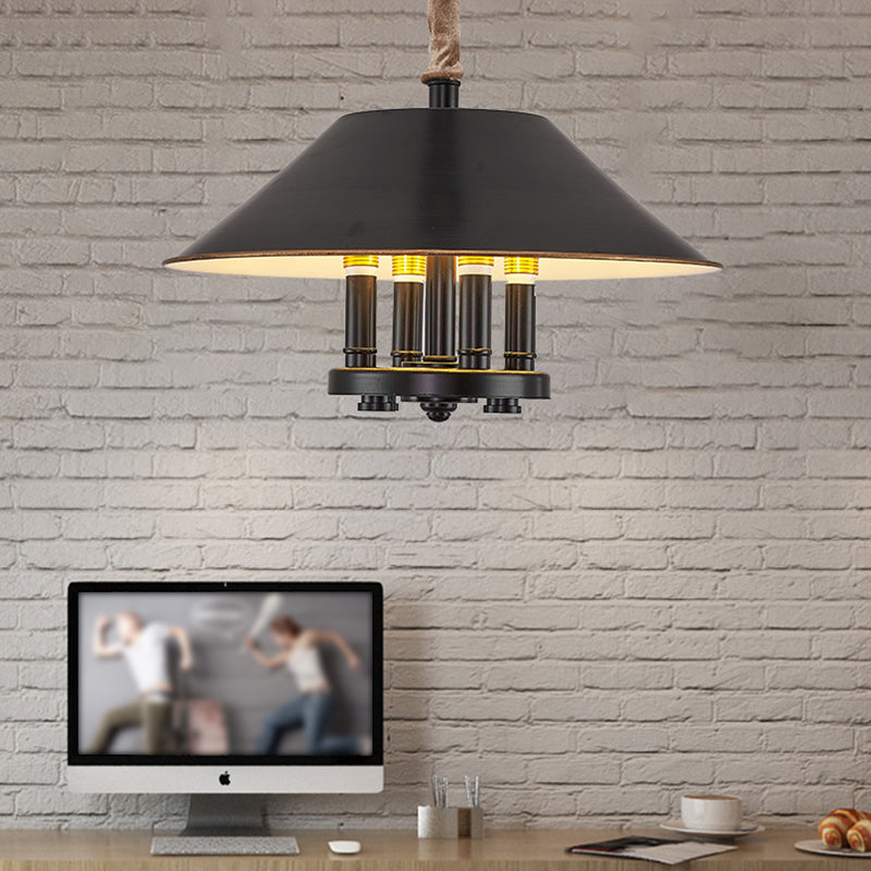 Vintage Black Cone Shade Chandelier - 4-Light Metal Pendant Lamp For Dining Room