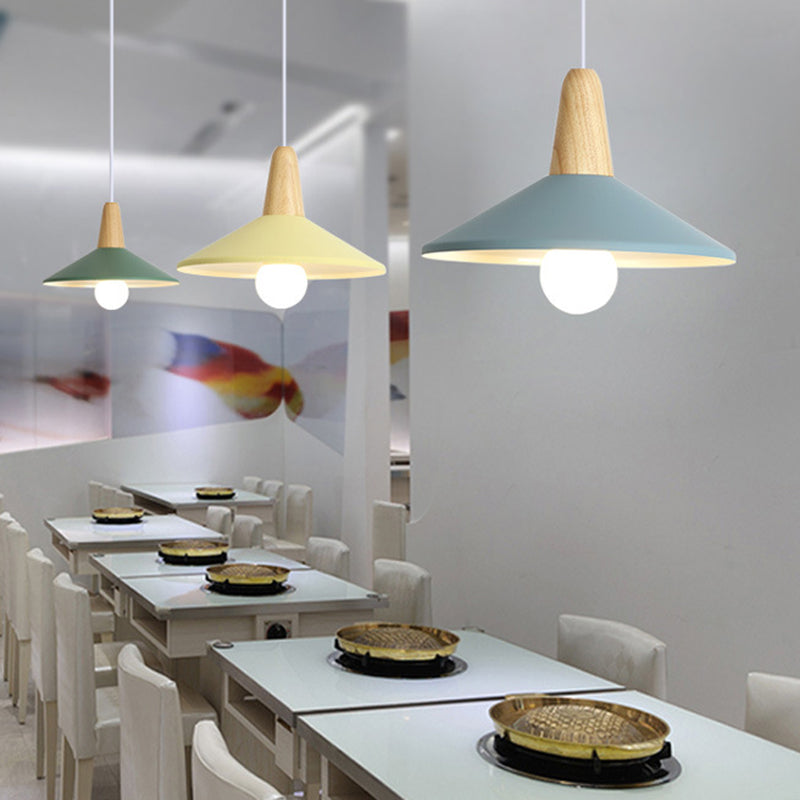 Nordic Style Metal 1-Light Hanging Ceiling Pendant With Wooden Top - Ideal For Restaurants