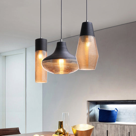 Modern Black Metal Pendant Light With Ribbed Glass Shade