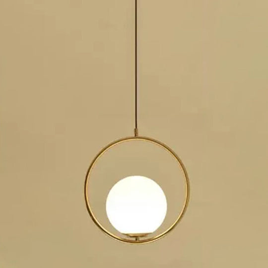 White Glass Pendant Light With Mid-Century Globe Design And Metal Ring